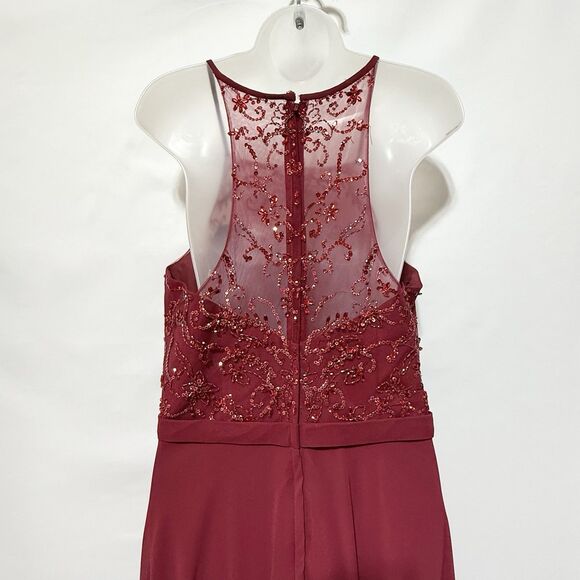 Mori Lee Madeline Gardner Burgundy Beaded Halter Evening Gown 12 Formal Dress - Picture 8 of 15